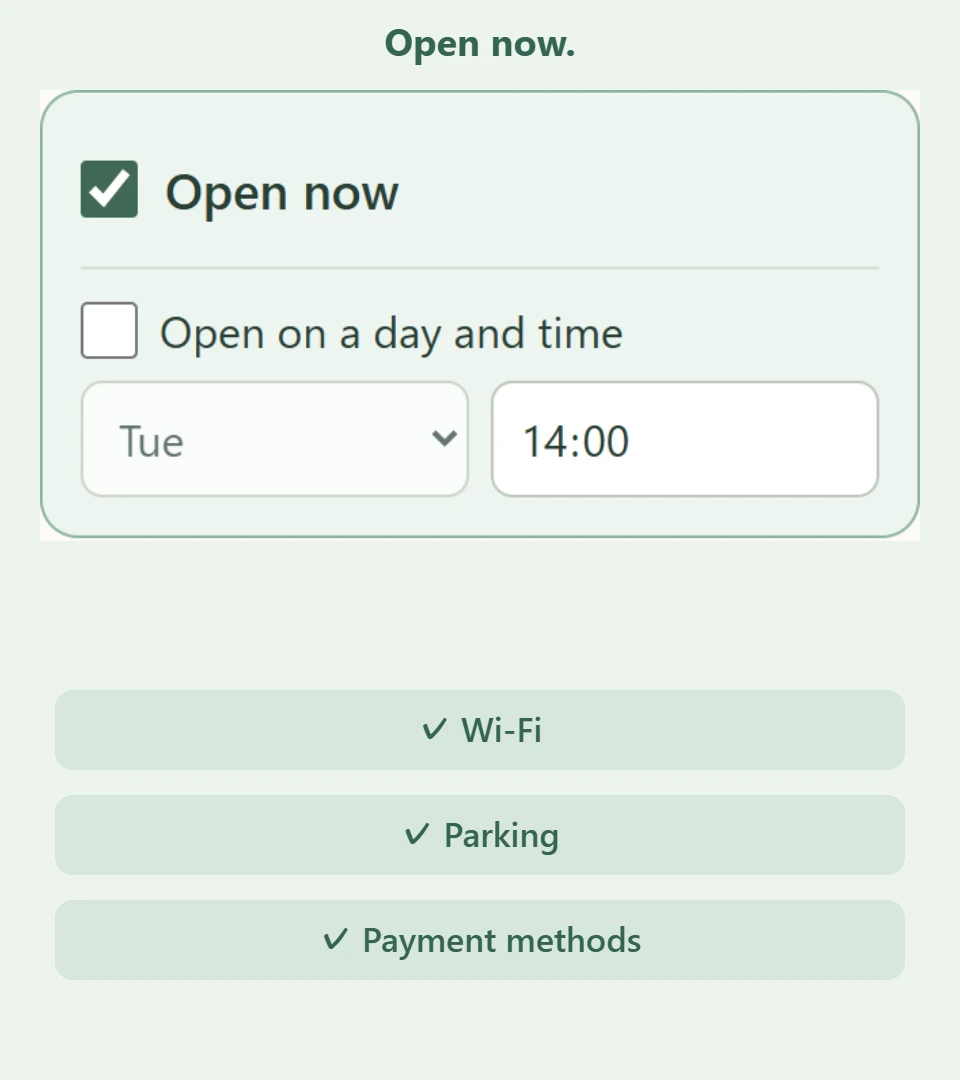 Illustrative advanced search with opening hours, facilities and payment options