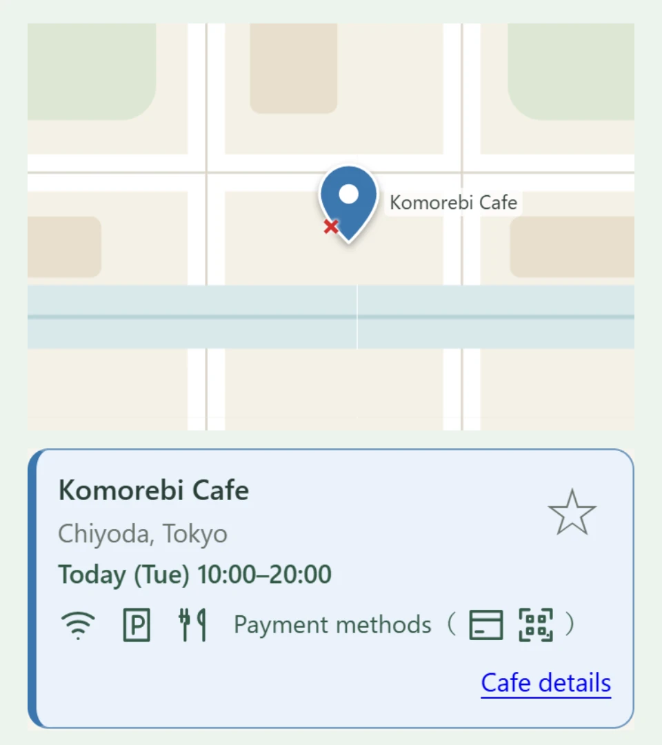 Illustrative cafe search screen focused on cafes open now
