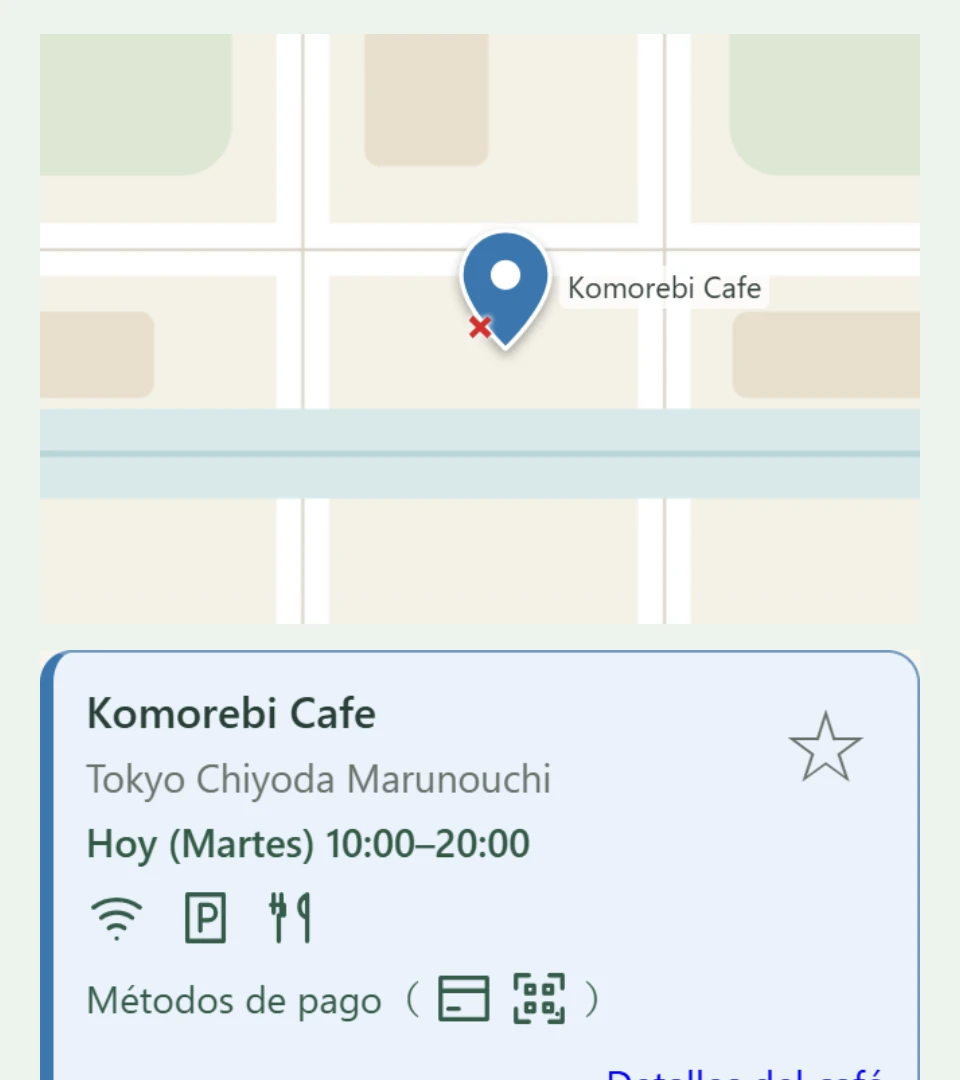 Pantalla de búsqueda de cafeterías ilustrativa centrada en las cafeterías abiertas ahora