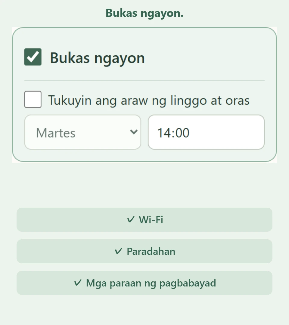 Mapaglarawang advanced na paghahanap na may mga oras ng pagbubukas, pasilidad at mga pagpipilian sa pagbabayad