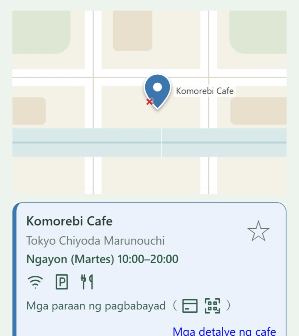 Nakapagpapakitang screen ng paghahanap ng cafe na nakatutok sa mga cafe na bukas ngayon