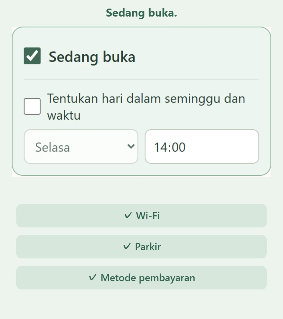 Pencarian lanjutan ilustratif dengan jam buka, fasilitas, dan opsi pembayaran