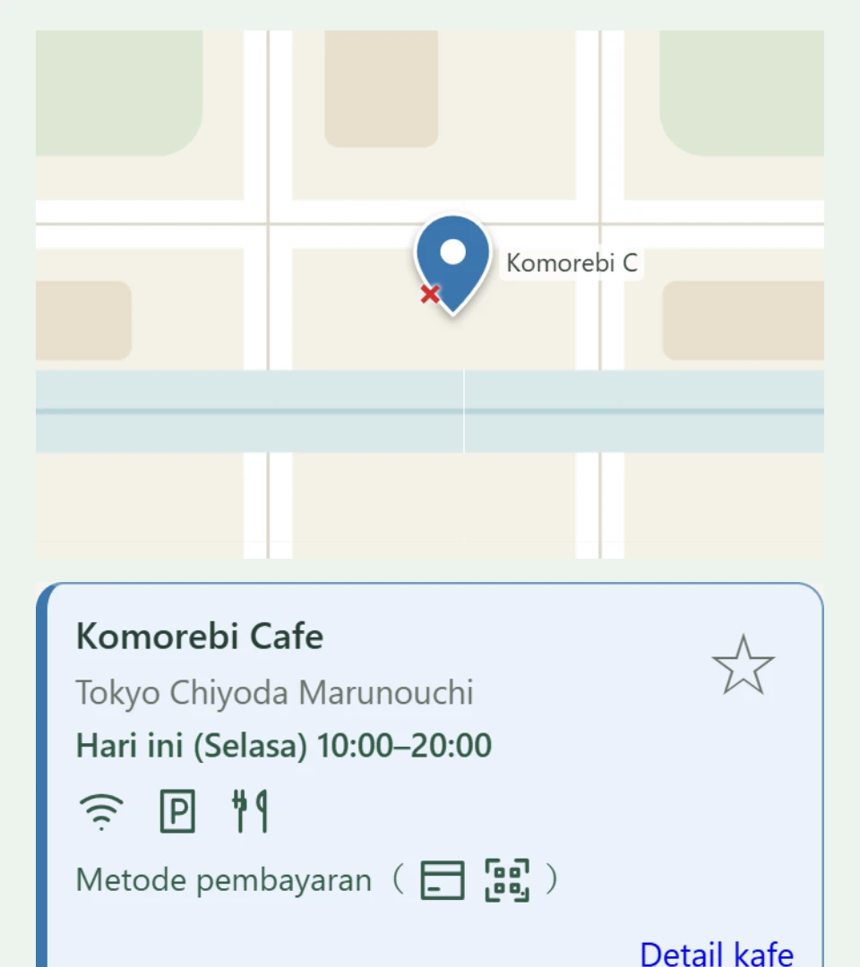Layar pencarian kafe ilustratif berfokus pada kafe yang buka saat ini